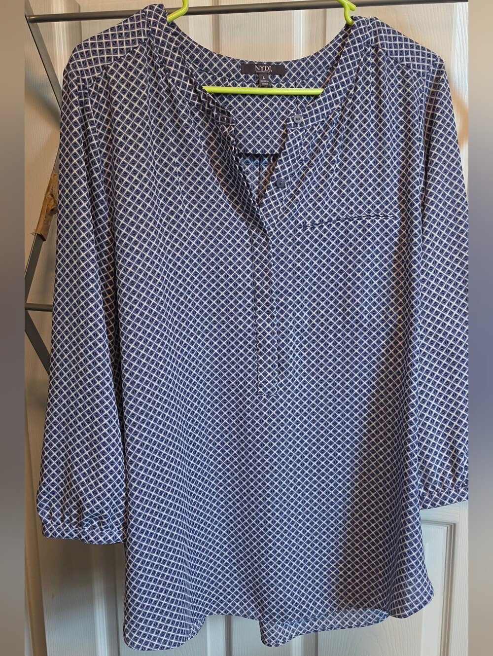 NYDJ Women's Navy, White & Blue Geometric Henley Shirt With 3/4 Sleeve